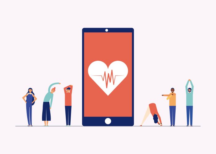active breaks smartphone heart people stretching the body vector illustration